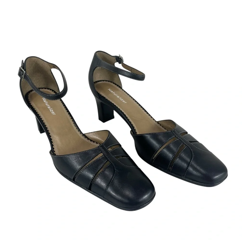 Naturalizer | Women 9.5M | Black Leather Cage Toe 2.5” Heel Ankle Strap ‎ Sandal